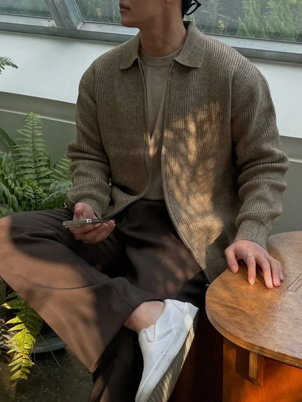 Coffee Brown Casual Men's Cardigan Sweater With Turndown Collar